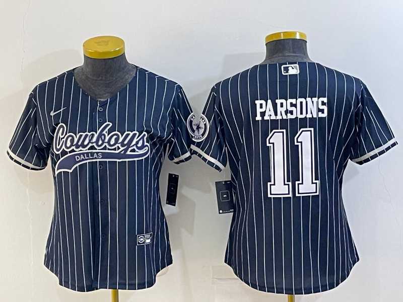 Women%27s Dallas Cowboys #11 Micah Parsons Navy Blue Pinstripe With Patch Cool Base Stitched Baseball Jersey->women nfl jersey->Women Jersey
